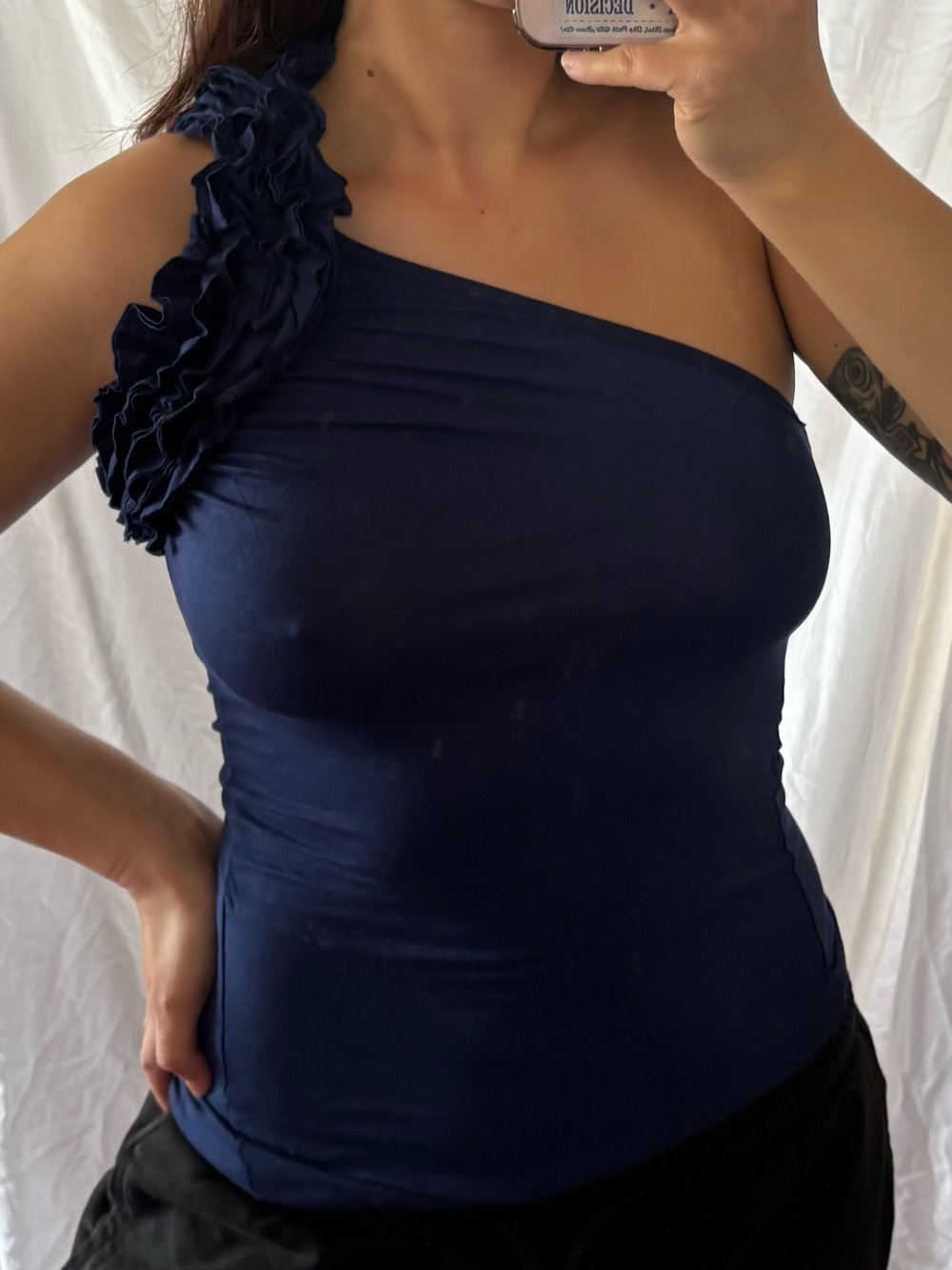a'gaci Navy Blue One-Shoulder Ruffle Top - Picture 2 of 6